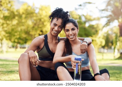 Portrait, women and lesbian for fitness outdoor with hug from yoga exercise, peace wellness and zen support. Smile, lgbtq couple and embrace of pilates break, mindfulness and love at park together - Powered by Shutterstock