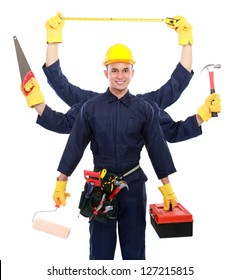 portrait of worker use blue uniform with six arm hold equipment. multitasking concept