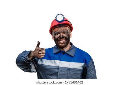 Portrait Working Young Male Coal Miner In Red Cap Showing Thumbs Up, Excellent Sign, Isolated White Background.