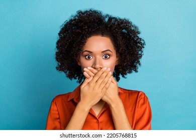 Portrait Of Worried Nervous Lady Arms Palms Covering Mouth Mute Quiet Isolated On Blue Color Background