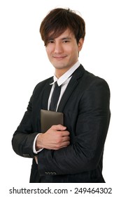 Portrait Of You Asian Business Man Holding Tablet(not IPad) On White Background.