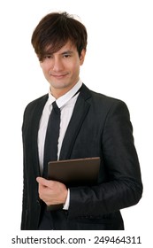 Portrait Of You Asian Business Man Holding Tablet(not IPad) On White Background.