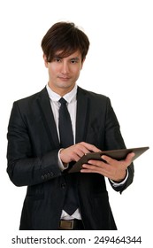 Portrait Of You Asian Business Man Holding Tablet(not IPad) On White Background.