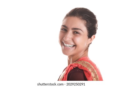 Portrait Of Young Adult Indian Woman Laughting In Sari Isolated White Background