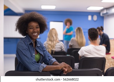 portrait of young African American business woman at modern startup office interior, team in meeting in background