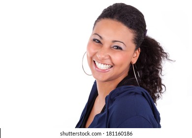 Portrait Of A Young African American Woman Holding Her Head, Isolated On White Background