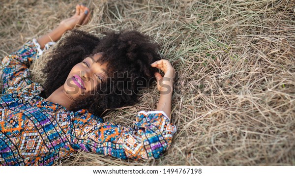 Portrait Young Afro Hairstyle Woman Relaxing Stock Photo Edit Now