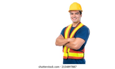 Portrait young architect man engineering wearing yellow helmet , He standing arms crossed isolated on white background with copy space - Shutterstock ID 2154897887