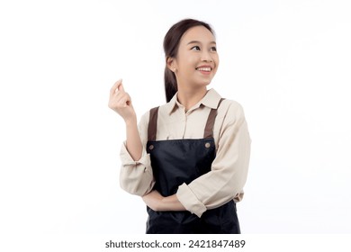 Portrait of young asian barista woman wearing apron thinking idea for planning isolated white background, waitress or entrepreneur thoughtful and consider, small business or startup, waiter of cafe. - Powered by Shutterstock