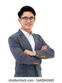 Portrait of young asian business man standing studio isolated on white background crossed arms looking camera smiling with confident . Clipping path.