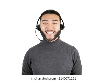 Portrait Young Asian Young Asian Businessman Call Center With Headset Isolated On White Background, Businessman Is Assistant For Customer With Phone Or Online Help Line. Teleporeator