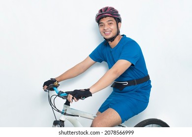 Portrait Young Asian Man Cyclist Isolated On White Background
