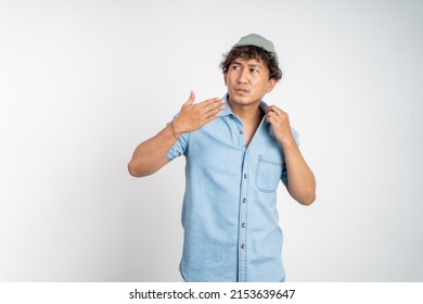 Portrait Of Young Asian Man Feeling The Hot Weather. Hot Weather