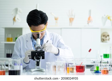 Portrait Of Young Asian Scientist Looking In Microscope While Working On Medical Research In Science Laboratory, Copy Space