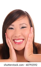 Portrait Young Asian Teen Girl With Big Smile And Hands On Cheeks