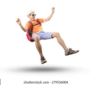 portrait of young asian traveler man floating mid air with crazy acting isolated white background use for people emotion ,active and happy holiday vacation 