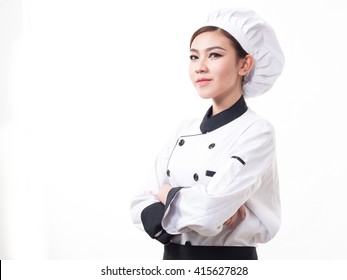 Portrait Of Young Asian Woman Chef On White Background.