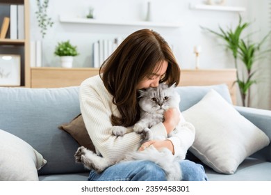 Portrait of young Asian woman holding cute cat. Female hugging her cute long hair kitty. Adorable pet concept - Powered by Shutterstock