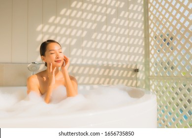 Portrait Young Asian Woman Relax Take A Bath In Bathtub For Spa Concept