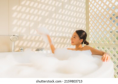 Portrait Young Asian Woman Relax Take A Bath In Bathtub For Spa Concept