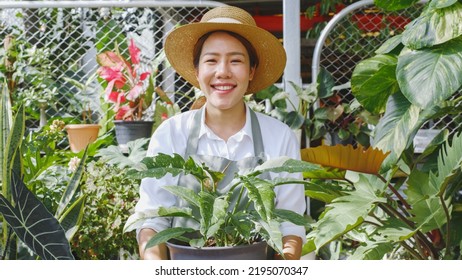 Portrait Of Young Asian Woman SME Small Business Entrepreneur As Cactus Plant Farm Owner Smile