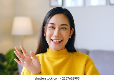 Portrait Young Asian Woman Talking On Video Call Or Virtual Meeting, Front View, Look At Camera