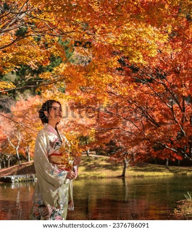 portrait of young asian woman traveller in traditional kimino dress standing holding meple leavse in the autumn leaves season at the public park in japan,
