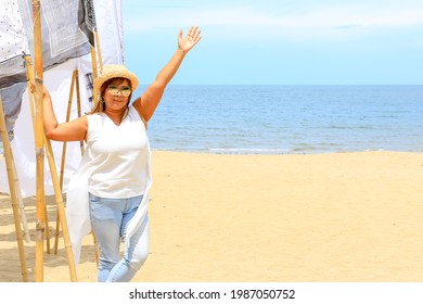 Portrait Of Young Asian Women At Beautiful Beach. Travel On Vaca