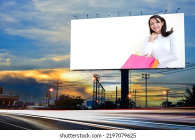 Portrait Of Young Attractive Beautiful Woman Hold The Shopping Bags Advertise On Billboard Blank For Outdoor Advertising Poster Or Blank Billboard For Advertisement