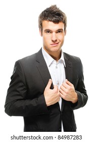 Portrait Of Young Attractive Dark-haired Man Wearing Shirt And Black Jacket Against White Background.