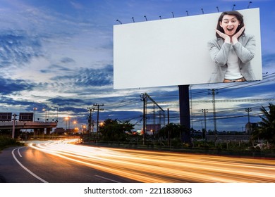 Portrait Of Young Attractive Happiness Beautiful Woman Advertise On Billboard Blank For Outdoor Advertising Poster Or Blank Billboard For Advertisement