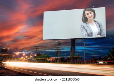 Portrait Of Young Attractive Happiness Beautiful Woman Advertise On Billboard Blank For Outdoor Advertising Poster Or Blank Billboard For Advertisement