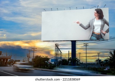 Portrait Of Young Attractive Happiness Beautiful Woman Advertise On Billboard Blank For Outdoor Advertising Poster Or Blank Billboard For Advertisement