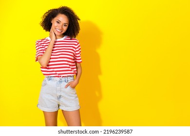 Portrait Of Young Attractive Shy Lady Want Find New Boyfriend Party Isolated On Yellow Color Background