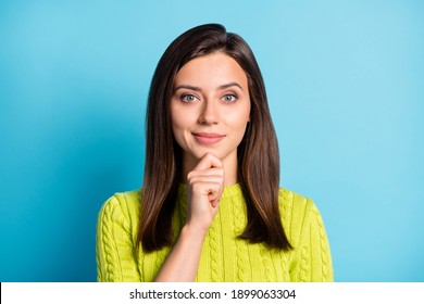 Portrait Of Young Attractive Thinking Smiling Charming Girl Woman Hold Hand Chin Wear Knitted Jumper Isolated On Blue Color Background