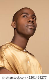 portrait of young bald african man in his 20s beautiful rwandese male posing on neutral background Stock Photo