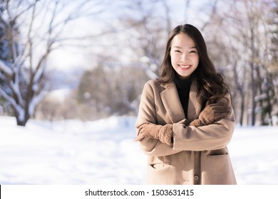 Portrait Young Beautiful Asian Woman Smile Happy Travel And Enjoy With Snow Winter Season In Hokkaido Sapporo Japan