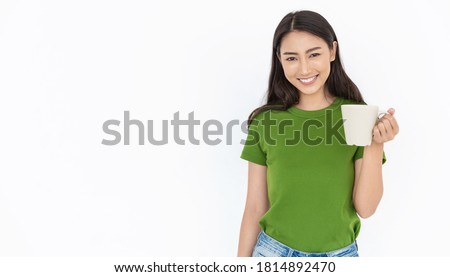 Portrait of young beautiful asian woman hands holding coffee cup morning spring time isolated on white background. Happy cheerful in summer. Korean makeup wakeup university, asia lifestyle concept
