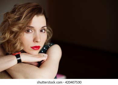 Portrait Of Young Beautiful Business Woman On Dark Background, Home Comfort, Relaxation