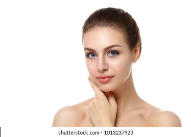 Portrait Of Young Beautiful Caucasian Woman Touching Her Face Isolated Over White Background. Cleaning Face, Perfect Skin. SPA Therapy, Skincare, Cosmetology, Hair Removal Or Plastic Surgery Concept