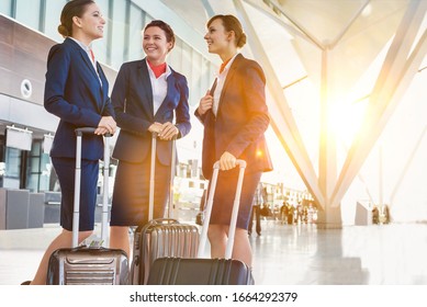 Portrait Of Young Beautiful Confident Flight Attendants Talking In Airport