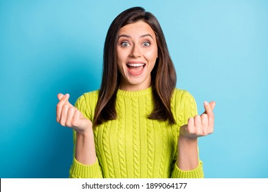 Portrait Of Young Beautiful Excited Happy Positive Cheerful Girl Woman Asking Money With Open Mouth Isolated On Blue Color Background