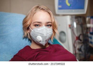 Portrait Of Young Beautiful Girl In Medical Mask On Hemodialysis In Hospital, Dialysis System Equipment, Habitual Routine For Chronic Patient, Lifestyle, Medical Concept