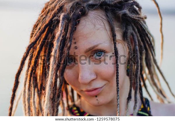 Portrait Young Beautiful Hippie Woman Dreadlocks Stock Photo