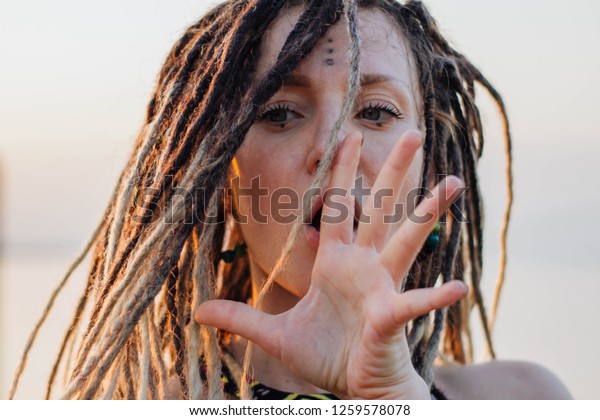 Portrait Young Beautiful Hippie Woman Dreadlocks Stock Photo