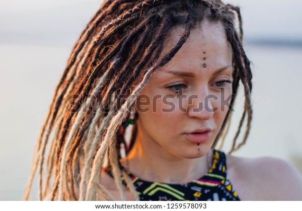 Portrait Young Beautiful Hippie Woman Dreadlocks Stock Photo