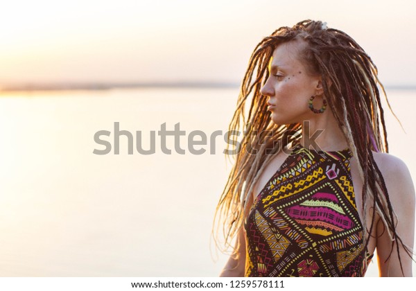 Portrait Young Beautiful Hippie Woman Dreadlocks Stock Photo