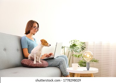 Portrait Of Young Beautiful Hipster Woman Working At Home With Her Adorable Jack Russell Terrier Puppy At Home In Living Room Full Of Natural Sunlight. Lofty Interior Background, Close Up, Copy Space.