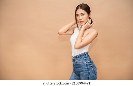 Portrait Of Young Beautiful Sexy Asian Korean Woman Slim Fit Body. Isolated Of Face Facial Fashion Asian Girl Looking. Lifestyle Japanese Makeup, Korea People Glow Skin, Beauty Asia Girl Next Door.