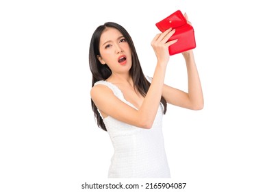 Portrait Of Young Beautiful Sexy Asian Woma Asian Woman No Money In Wallet ,unemployed Asian Girl Opening Empty Wallet Money Broke Cash, Bankruptcy Economic Financial Concept.